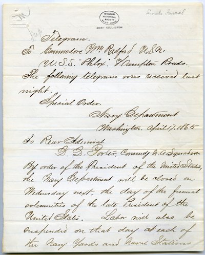 Contains Orders for All Naval Vessels on the Day of Abraham Lincoln